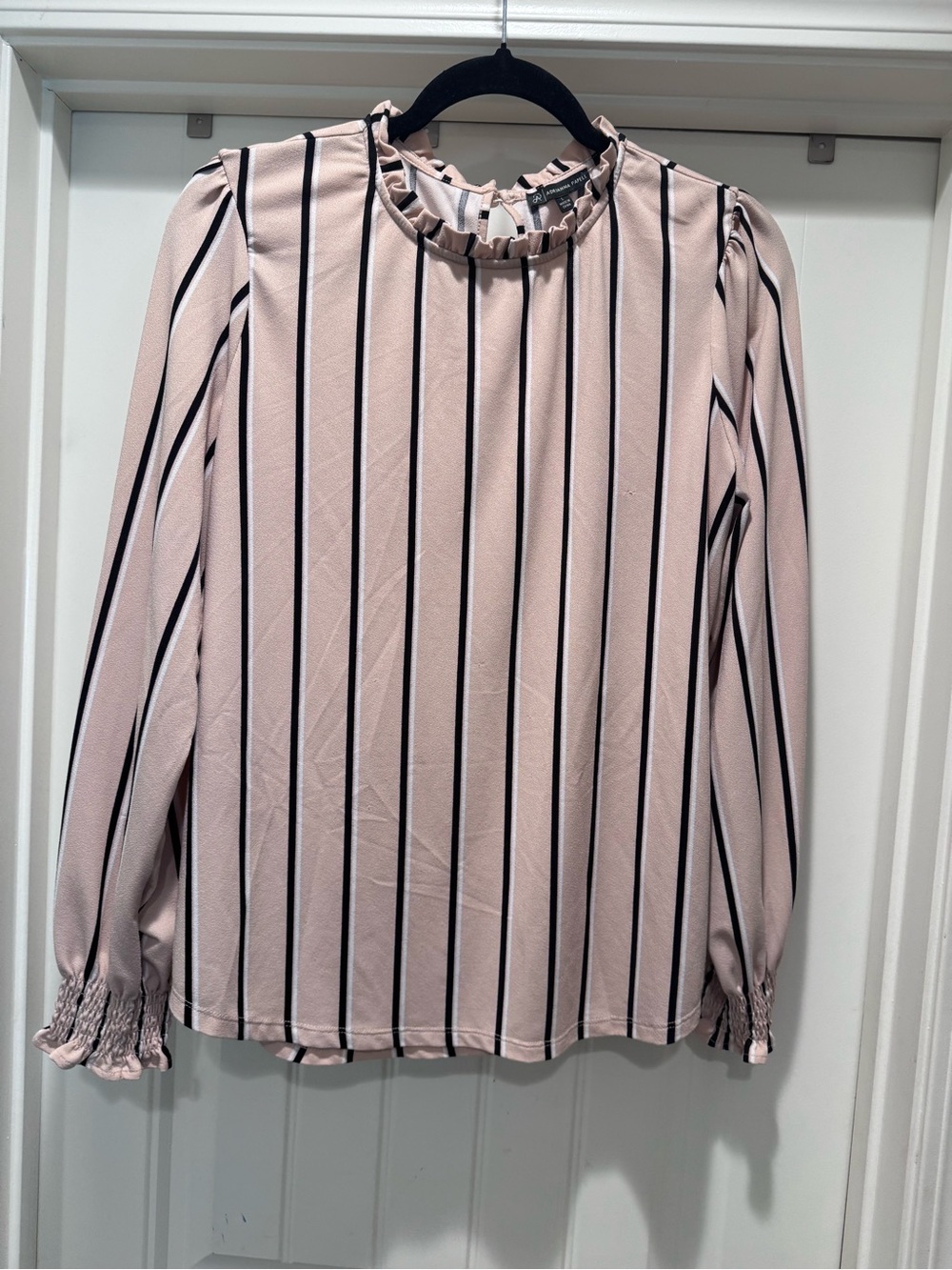 Adrianna Papell Pink and Black Vertical-Stripe Ruffle-Neck Blouse